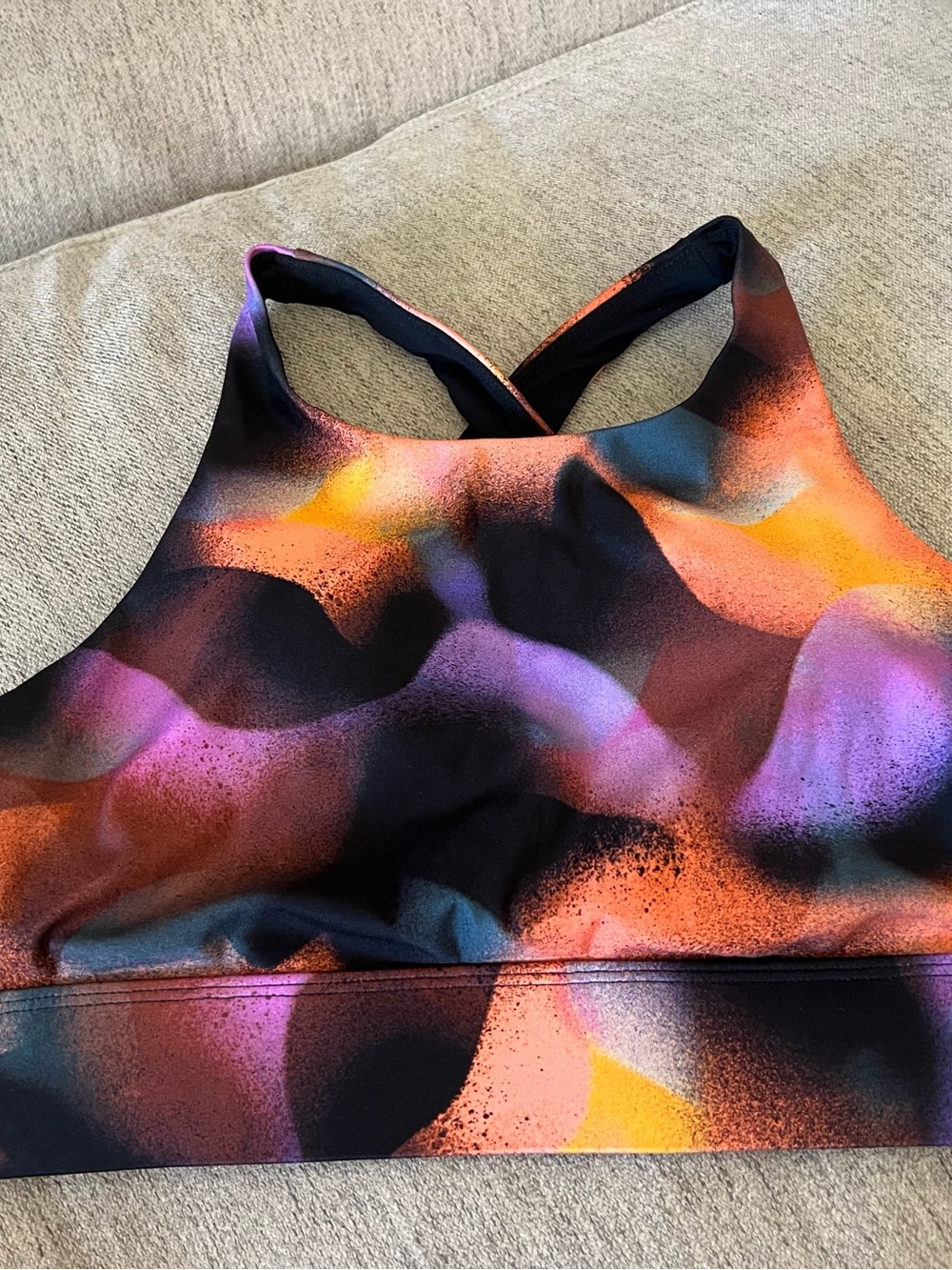 Fabletics Multicolor Spray Print Sports Bra - Black, Purple, Orange, Yellow